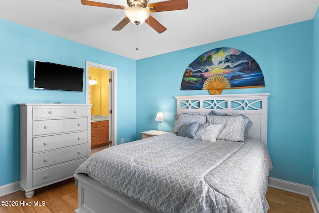 bedroom with baseboards, a ceiling fan, and wood finished floors