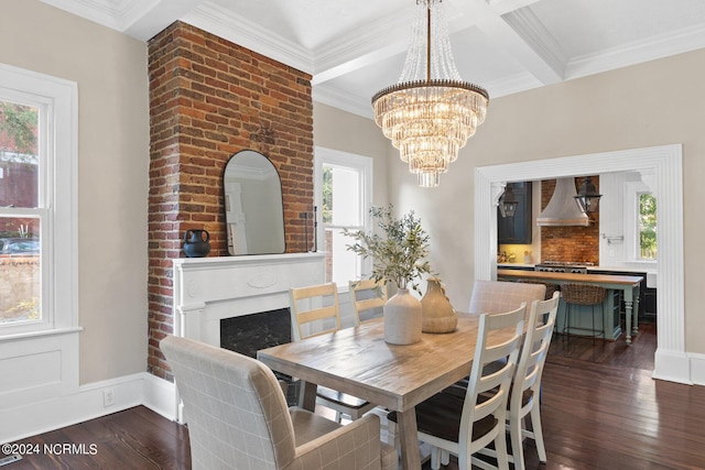 dining room featuring dark hardwood / wood-style flooring, crown molding, beamed ceiling, and coffered ceiling