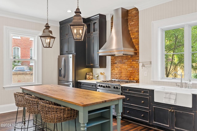 kitchen with sink, a healthy amount of sunlight, wall chimney range hood, and appliances with stainless steel finishes