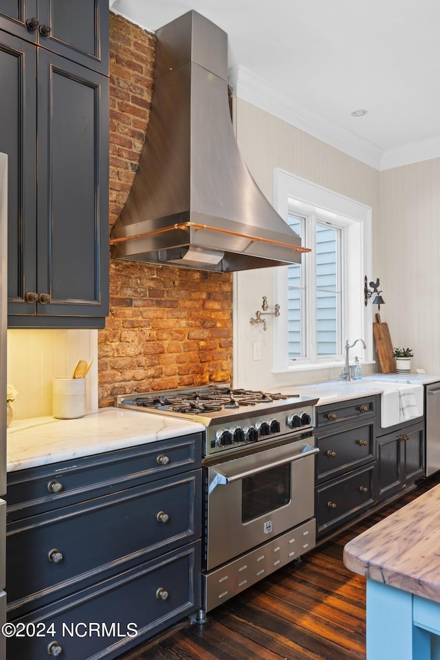 kitchen featuring appliances with stainless steel finishes, extractor fan, dark wood-type flooring, sink, and ornamental molding