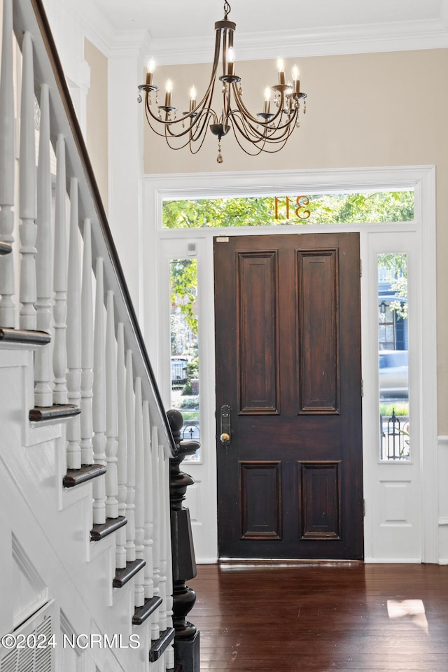 entryway with dark hardwood / wood-style flooring, ornamental molding, and a healthy amount of sunlight