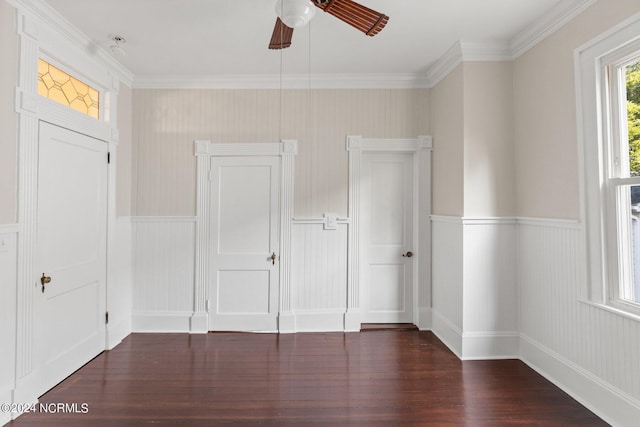 spare room featuring ceiling fan, dark wood-style flooring, and wainscoting