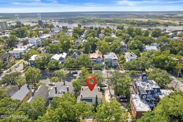 bird's eye view featuring a residential view and a water view