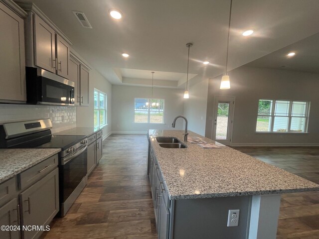 kitchen with sink, decorative light fixtures, a tray ceiling, a kitchen island with sink, and appliances with stainless steel finishes