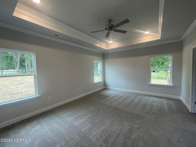 carpeted empty room featuring a tray ceiling, ceiling fan, and crown molding