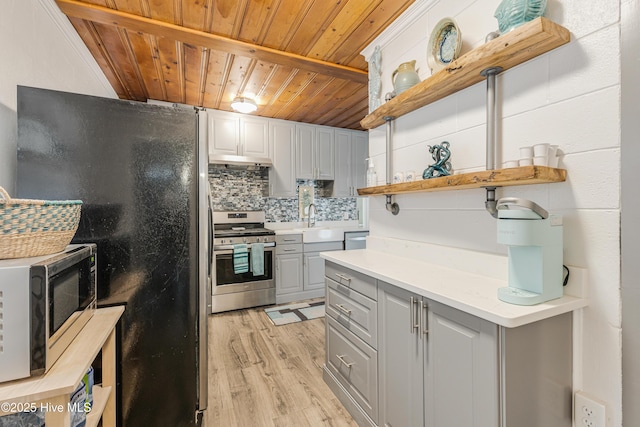 kitchen with stainless steel appliances, wooden ceiling, light wood-type flooring, decorative backsplash, and gray cabinets