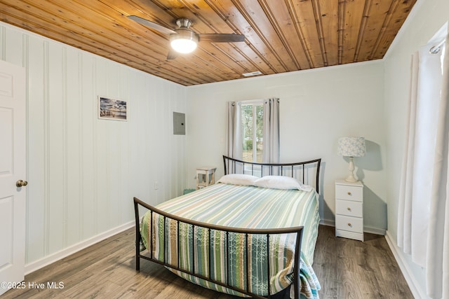 bedroom with ceiling fan, hardwood / wood-style floors, wooden ceiling, and electric panel