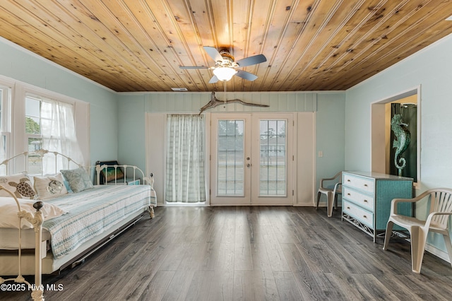 bedroom with wooden ceiling, ceiling fan, french doors, dark hardwood / wood-style floors, and access to exterior