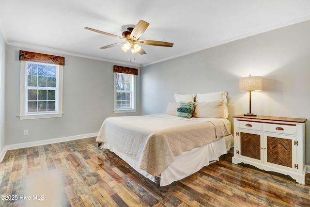 bedroom with ceiling fan, dark hardwood / wood-style floors, and ornamental molding