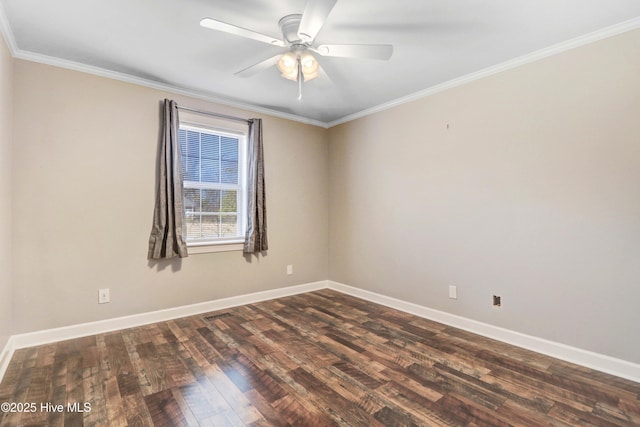 unfurnished room featuring crown molding, dark hardwood / wood-style flooring, and ceiling fan