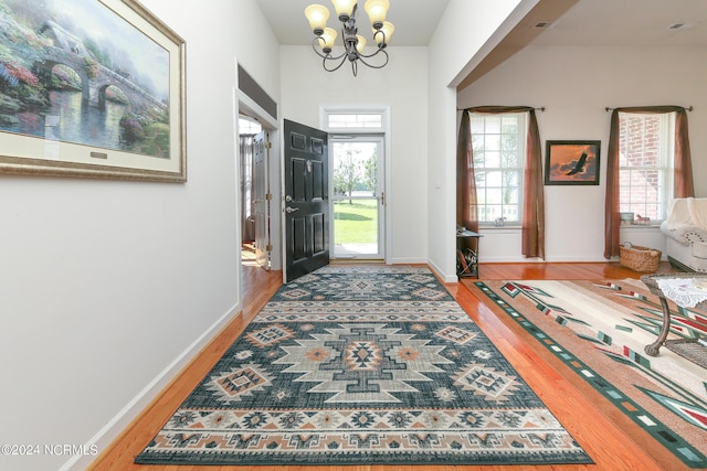 foyer featuring hardwood / wood-style floors, a notable chandelier, and a wealth of natural light