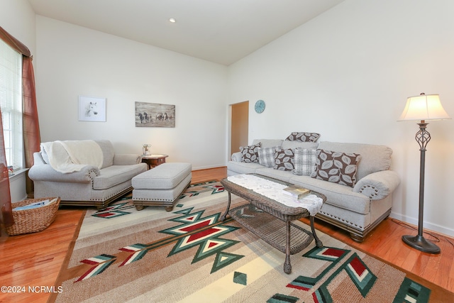 living room with wood-type flooring and high vaulted ceiling