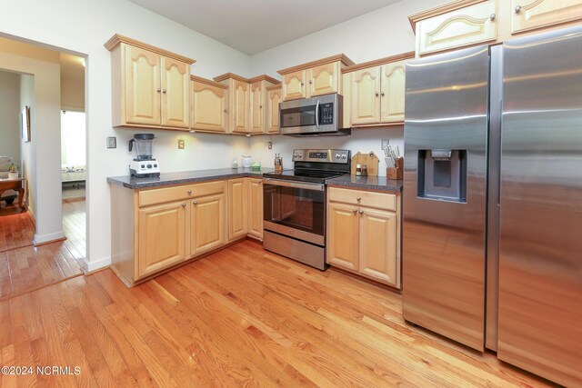 kitchen with light brown cabinets, light hardwood / wood-style floors, and stainless steel appliances