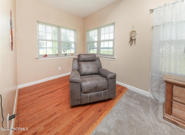 sitting room with baseboards and wood finished floors