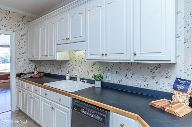 kitchen featuring white cabinetry, sink, black dishwasher, wooden counters, and ornamental molding