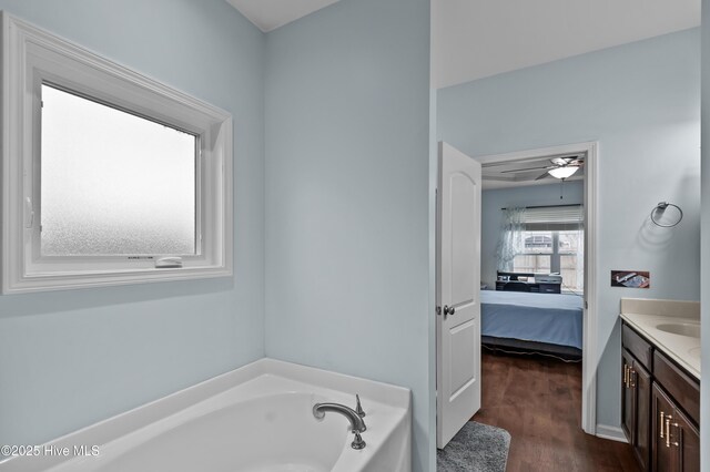 bathroom with ceiling fan, vanity, hardwood / wood-style floors, and a tub