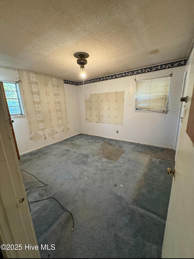 carpeted spare room featuring a textured ceiling