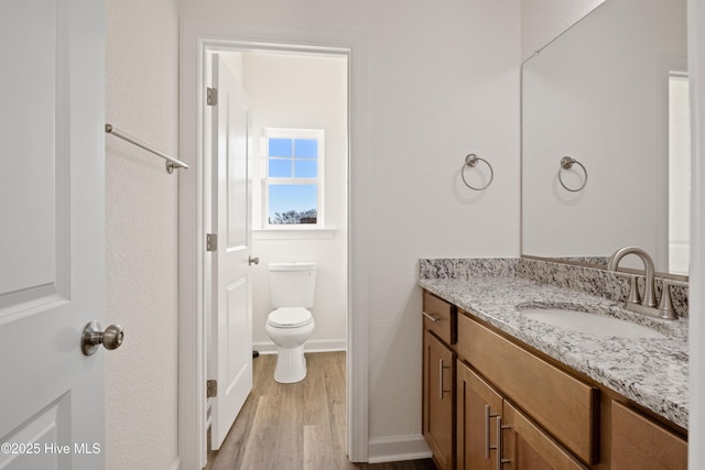 bathroom featuring toilet, vanity, and hardwood / wood-style flooring