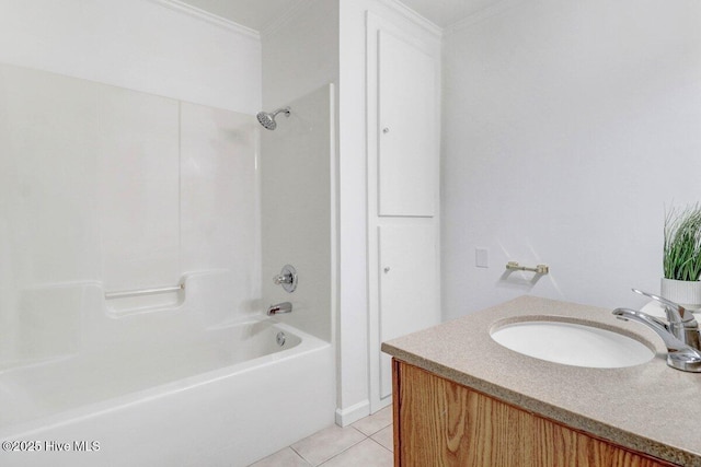 bathroom featuring tile patterned flooring, shower / bath combination, vanity, and crown molding