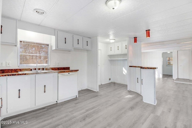 kitchen featuring white cabinetry, light hardwood / wood-style floors, dishwasher, and sink