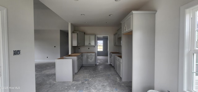 2040 Bluewater Blvd, New Bern, NC 28562 - kitchen with unfinished concrete flooring and gray cabinets