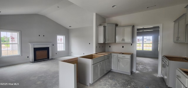 2040 Bluewater Blvd, New Bern, NC 28562 - kitchen with unfinished concrete flooring, gray cabinets, lofted ceiling, and a fireplace