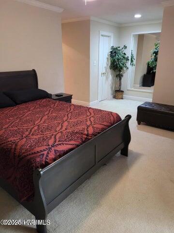 carpeted bedroom with crown molding