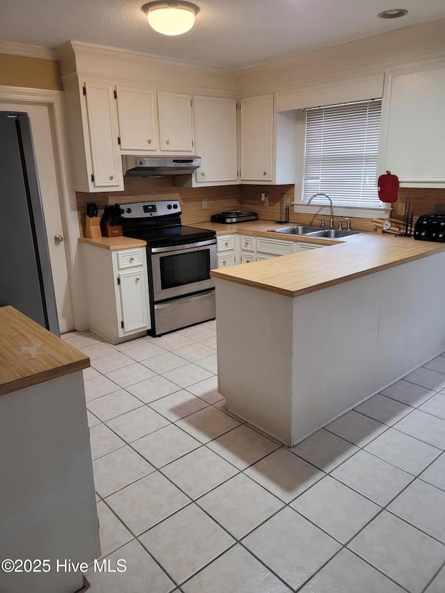 kitchen featuring kitchen peninsula, white cabinetry, sink, and stainless steel appliances