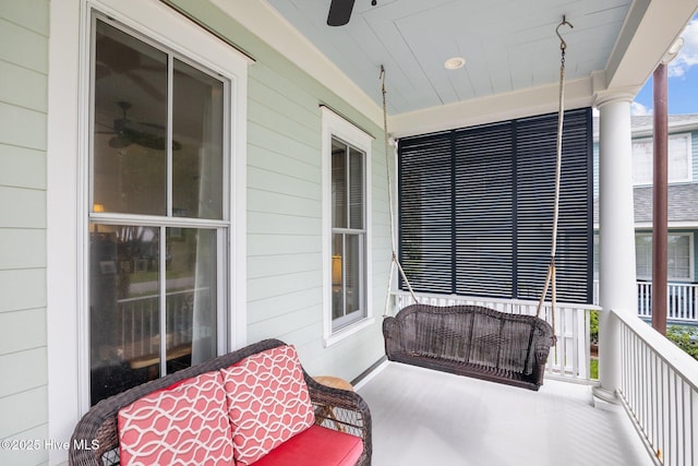 balcony featuring ceiling fan