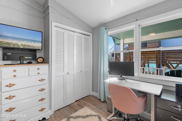 office featuring light hardwood / wood-style floors, a textured ceiling, and vaulted ceiling