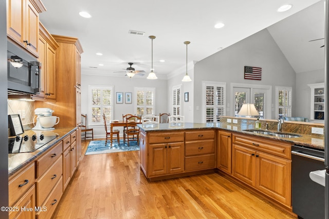 kitchen with sink, black appliances, light hardwood / wood-style floors, decorative backsplash, and decorative light fixtures