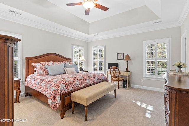 552 Glenmora Ave SW, Supply, NC 28462 - bedroom with a tray ceiling, light colored carpet, baseboards, ornamental molding, and ceiling fan