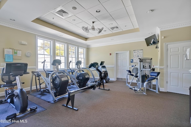 workout area with a raised ceiling and crown molding