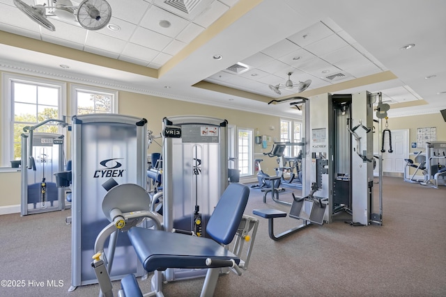 workout area with a raised ceiling, ornamental molding, and a drop ceiling