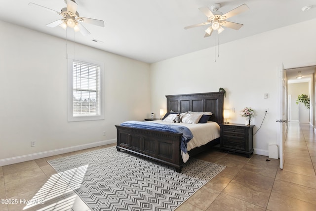 bedroom featuring ceiling fan and light tile patterned flooring