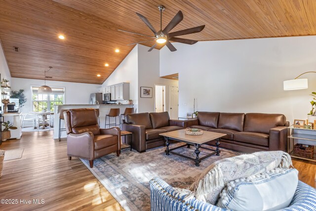 living room with high vaulted ceiling, ceiling fan, hardwood / wood-style flooring, and wood ceiling