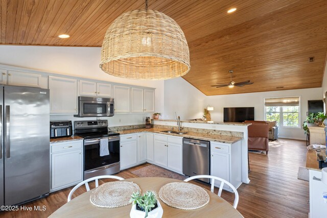 kitchen featuring pendant lighting, stainless steel appliances, wood ceiling, white cabinets, and sink