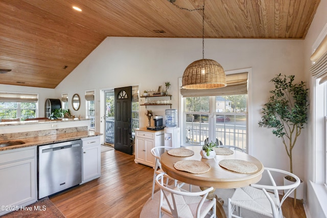 dining room featuring sink, high vaulted ceiling, wood ceiling, and hardwood / wood-style floors