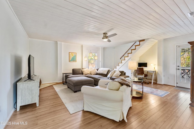 living room with ceiling fan, light hardwood / wood-style flooring, and wooden ceiling