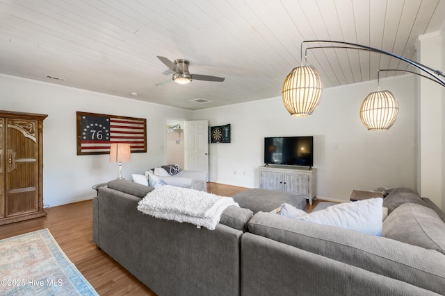 living room with wooden ceiling, ceiling fan, and light hardwood / wood-style floors