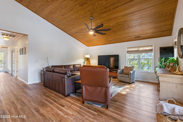 living room featuring lofted ceiling, ceiling fan, wood ceiling, and hardwood / wood-style floors