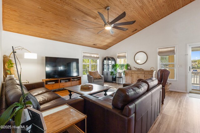 living room with ceiling fan, wooden ceiling, light wood-type flooring, and a healthy amount of sunlight