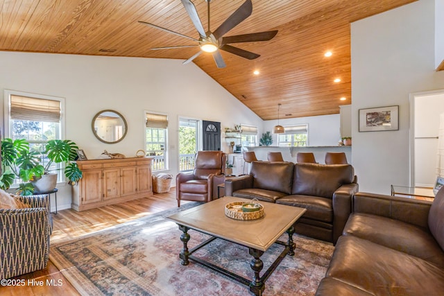 living room featuring ceiling fan, light wood-type flooring, wooden ceiling, and high vaulted ceiling