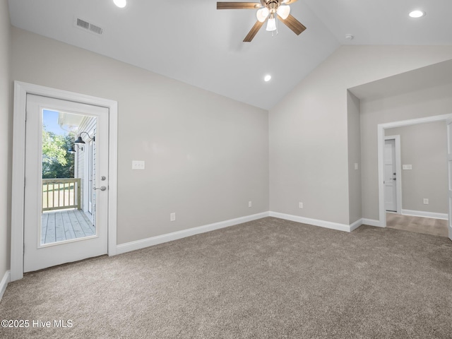 spare room with carpet flooring, visible vents, recessed lighting, lofted ceiling, and a ceiling fan