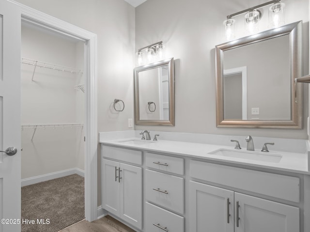 full bath featuring a spacious closet, a sink, and double vanity