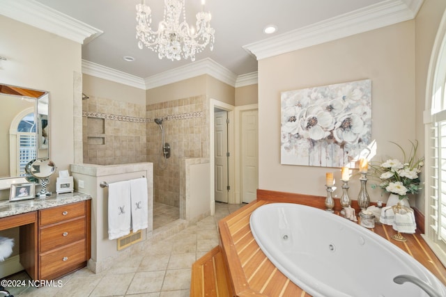 bathroom featuring shower with separate bathtub, a notable chandelier, and crown molding