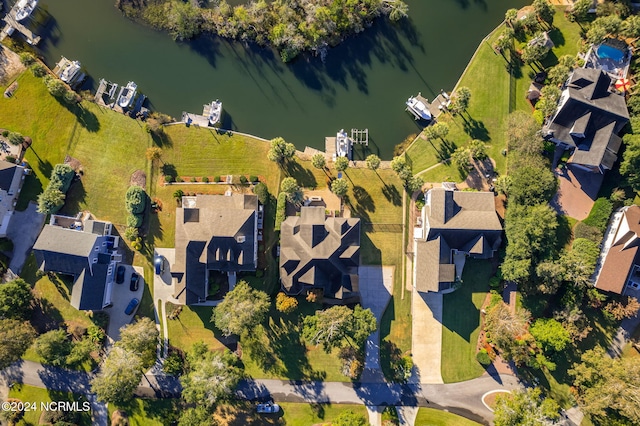 drone / aerial view featuring a water view