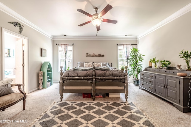 220 Everett Yopp Dr, Sneads Ferry, NC 28460 - bedroom featuring carpet floors, multiple windows, ornamental molding, and ceiling fan