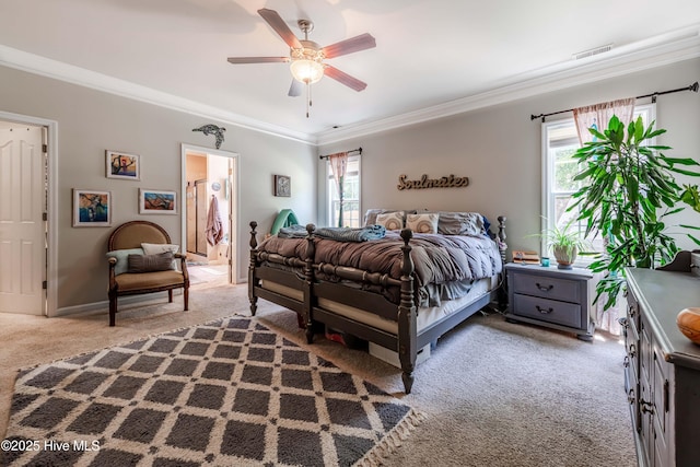 220 Everett Yopp Dr, Sneads Ferry, NC 28460 - bedroom featuring carpet floors, ornamental molding, ceiling fan, and connected bathroom
