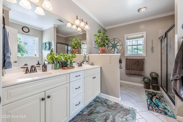 220 Everett Yopp Dr, Sneads Ferry, NC 28460 - full bathroom featuring a shower stall, double vanity, and ornamental molding